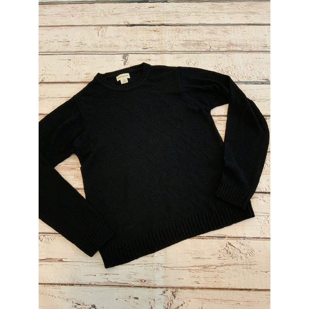 Ann Taylor Black Crew Neck Knit Sweater Long Sleeve Viscose Rayon Blend Medium
